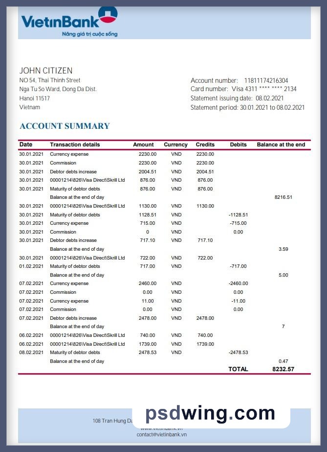 Vietnam Vietinbank Statement (Excel)